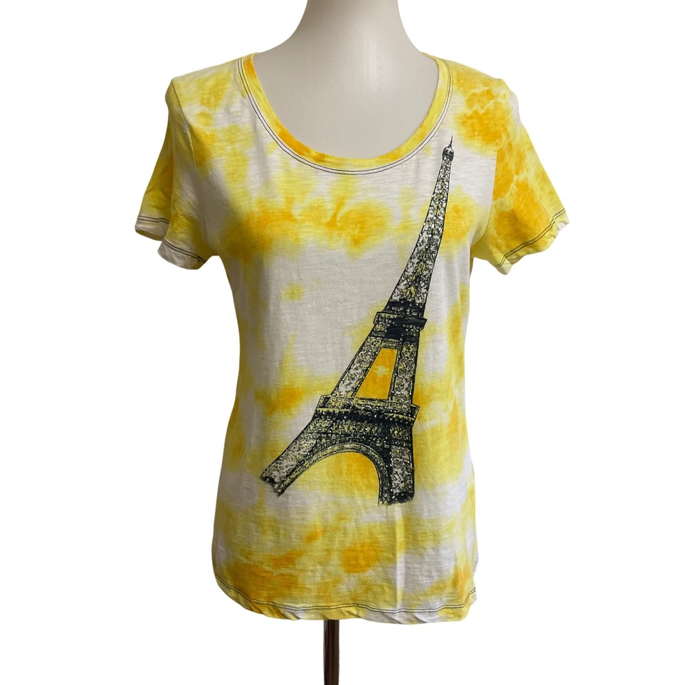 Onque Eiffel Tower Tie Dye Graphic Tee Women Size M Yellow